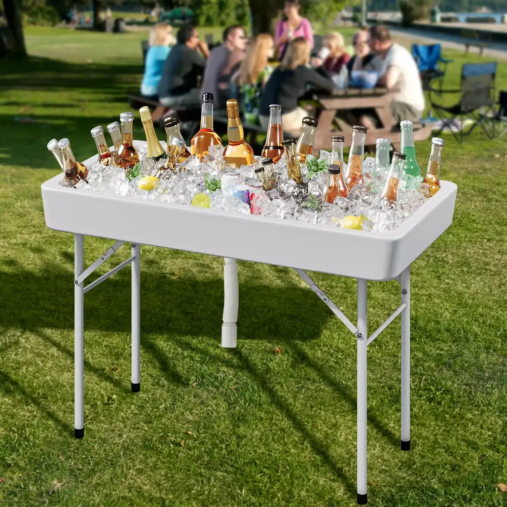 Dextrus Ice Table. 4FT Folding Ice Cooler Table with Drain and Skirt for Food Beverage Buffet Server. Portable Party Ice Bin Table for BBQ. Camping. Picnic. No Assembly Required