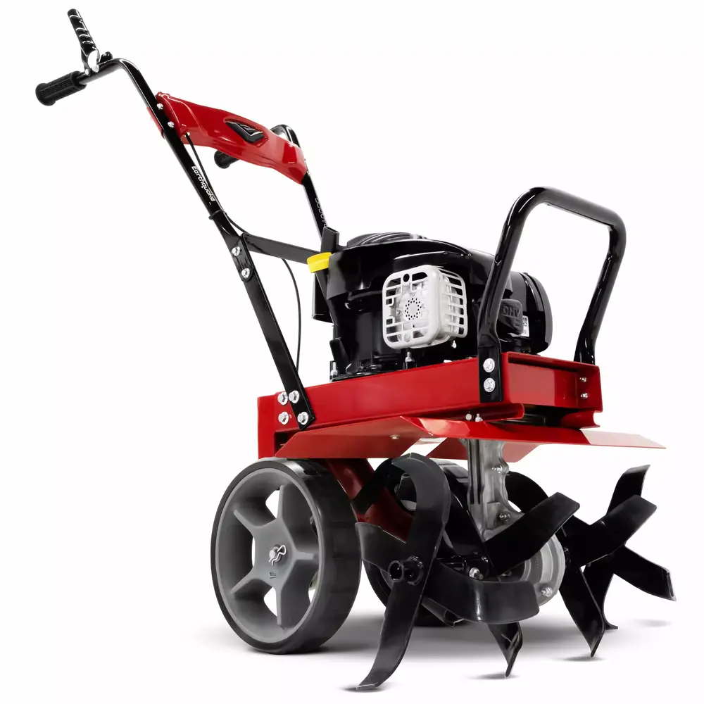 Earthquake Badger Front Tine Tiller. Powerful 140cc 4-Cycle Briggs and Stratton Engine. Two-Position Wheel Assembly. Adjustable Tilling Width. Model: 38040