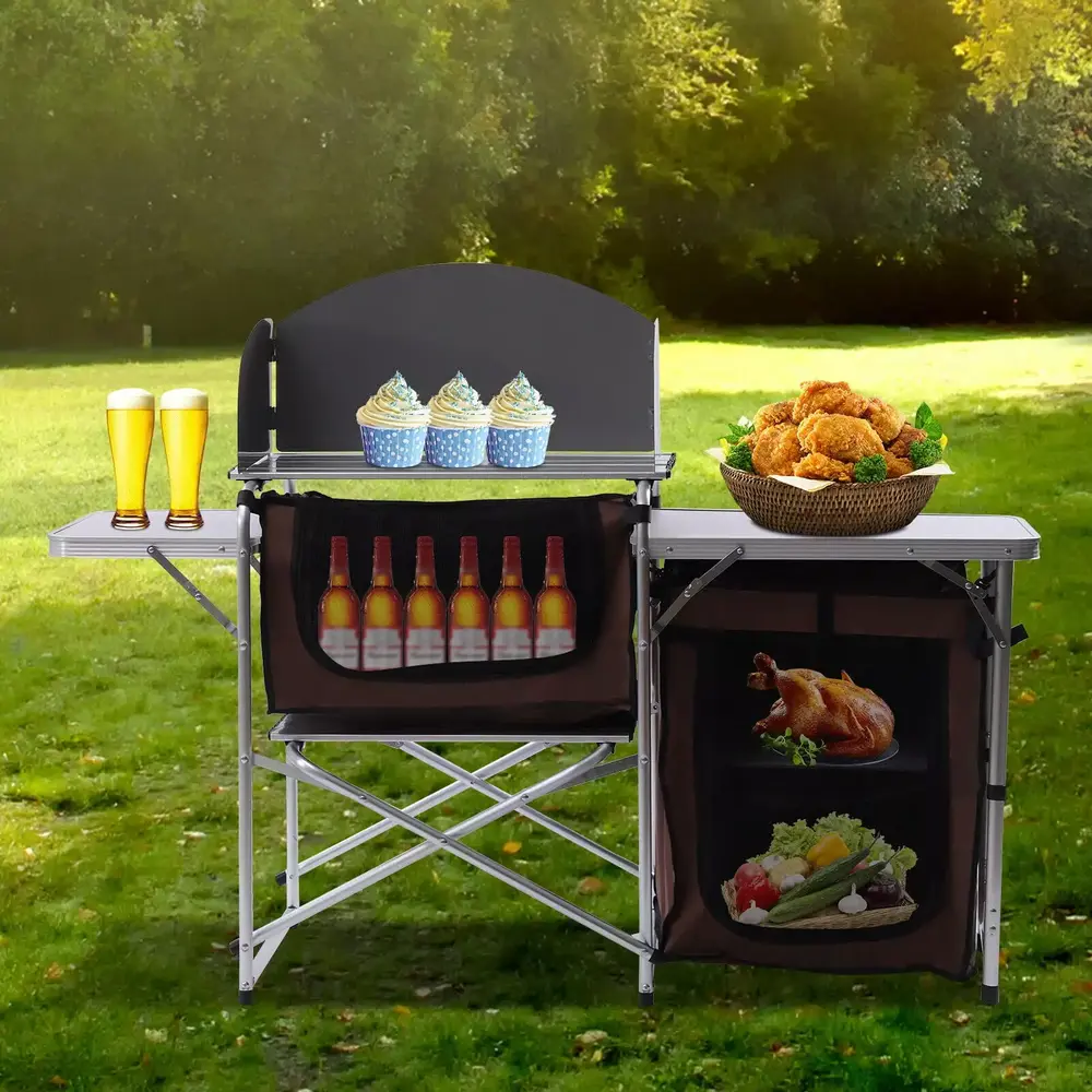 Folding Cooking Table. Outdoor Portable Grill Table. Camping Kitchen Station with Storage Organizer. Windscreen. 2 Side Tables for BBQ Grill Picnics Party