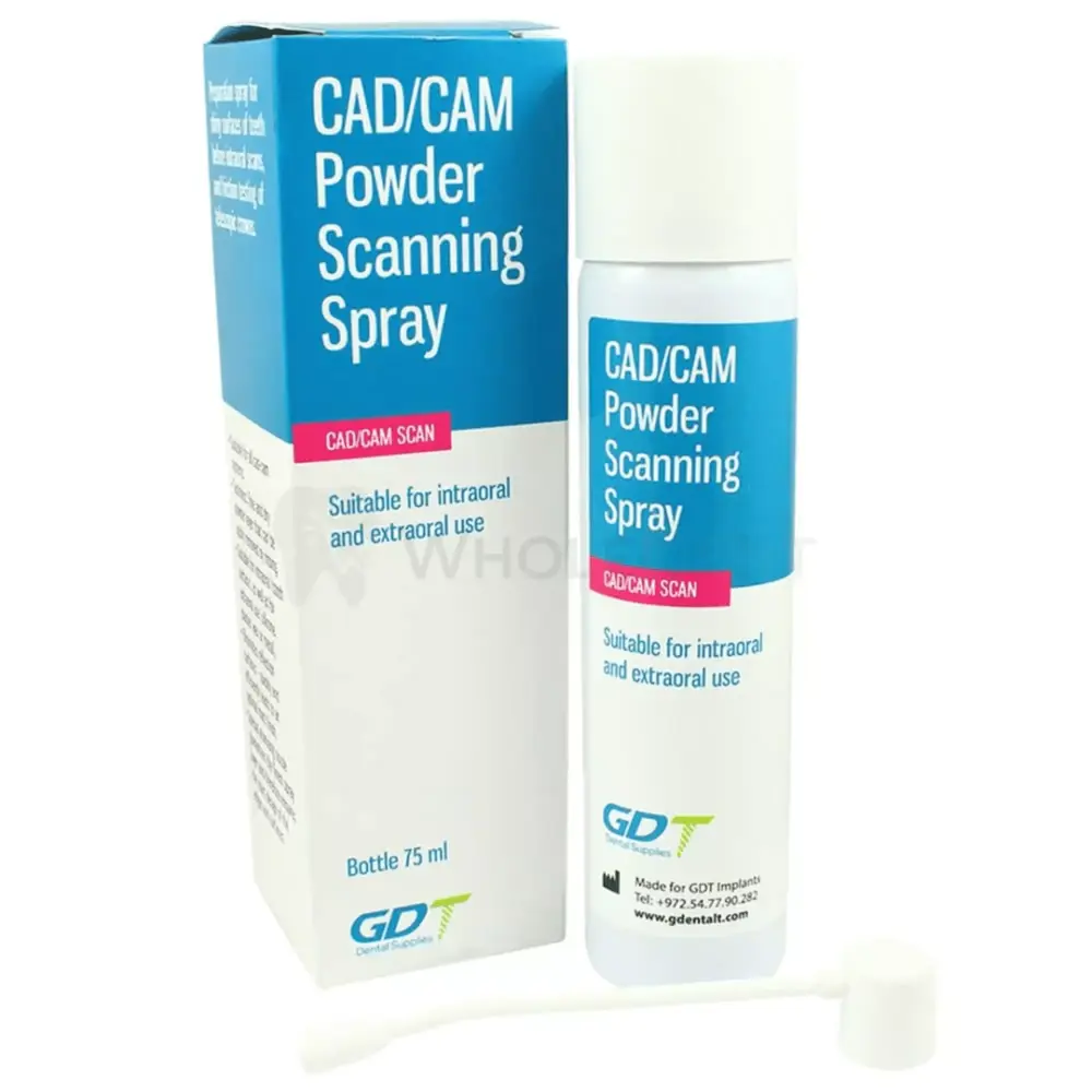 GDT Supplies CAD/CAM Powder Scanning Spray 75ml. Matting Agent For Reflective Surfaces Such As Natural Teeth And Crowns Before Digital Optical Imprints