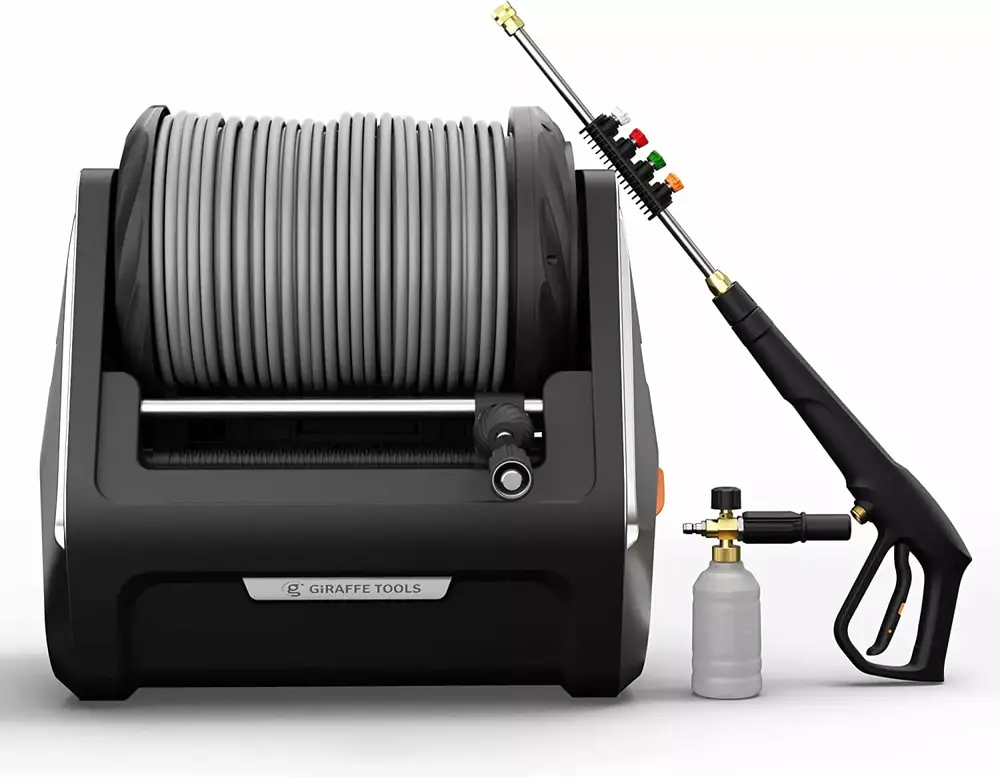 Giraffe Tools Grandfalls Pressure Washer Plus Soft. Electric Pressure Washer Wall Mount. 100ft Retractable Pressure Washer Reel. 4 Quick Connect Nozzles. Foam Cannon. Cleaning Patios. Cars. Driveways