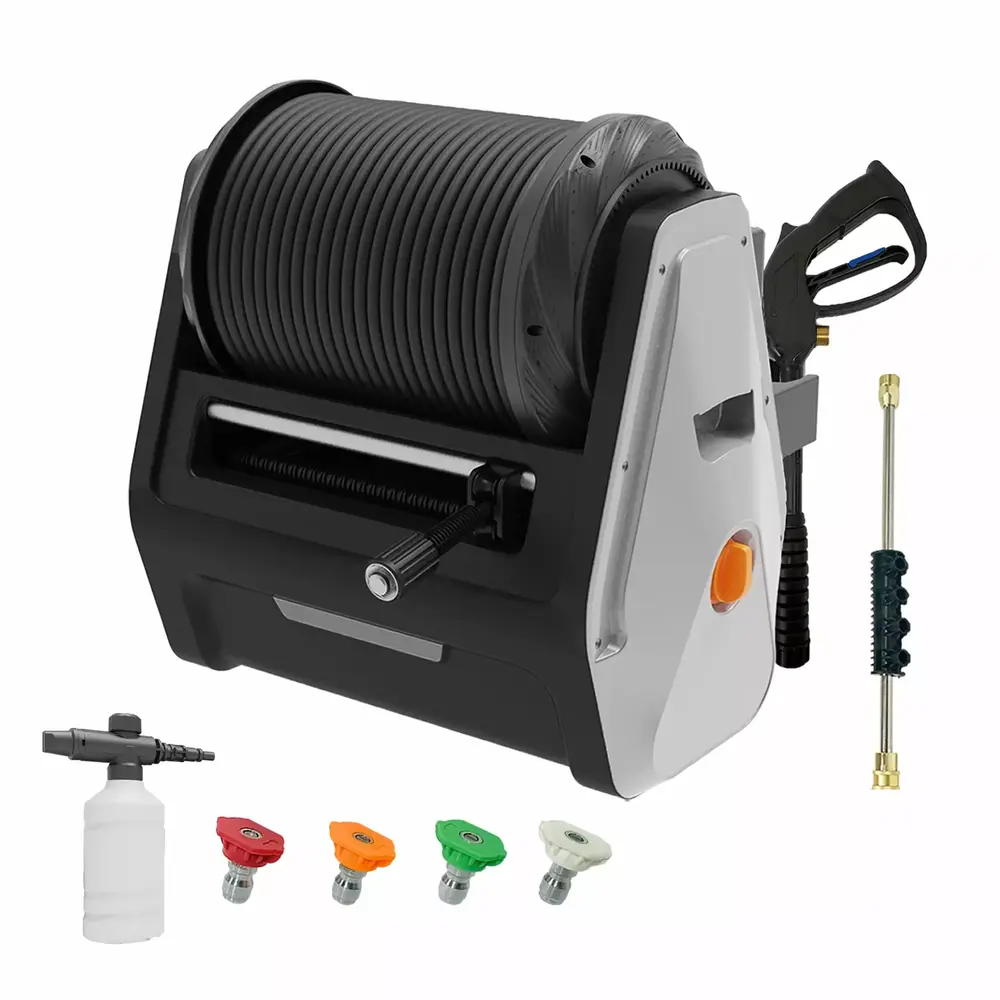 Giraffe Tools Grandfalls Pressure Washer Wall Mount. Electric Power Washer Wall Mount with 100FT Retractable Hose. Soap Tank and 4-Nozzle Set. Car Washer for Home/Car/Driveway/Patio