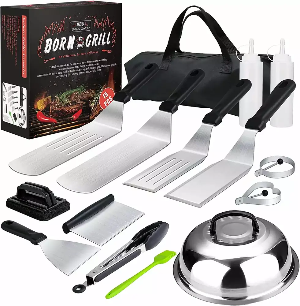 Griddle Accessories.15 Pcs Flat Top Grill Accessories Kit For Blackstone And Camp.Stainless Steel Bbq Accessories With Spatula. Basting Cover.Tongs.Egg Mold & Carry Bag For Outdoor Bbq Teppanyaki