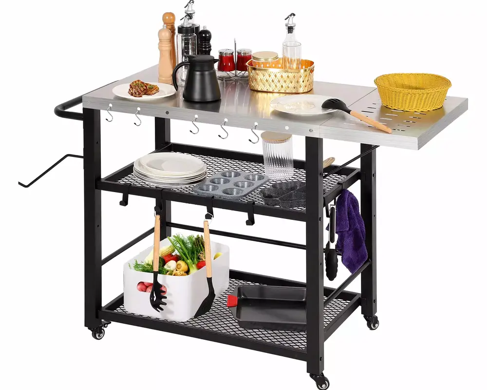 Haverchair Outdoor Grill Cart Table with Foldable Side Table. 3-Shelf Movable Pizza Oven Stand Table. Outside Cooking Prep Table Stainless Steel Rolling Cart with Storage for BBQ Backyard. Camping