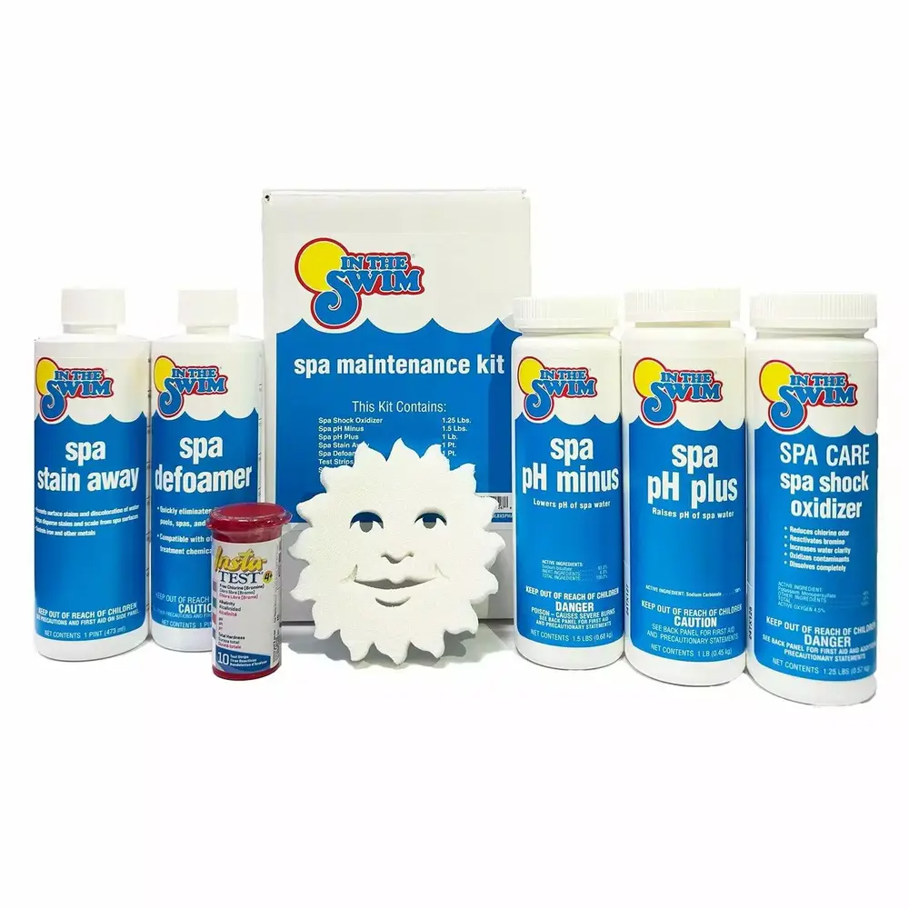 In The Swim Spa and Hot Tub Maintenance Kit - Complete with Shock Oxidizer. pH Plus and Minus. Stain Away. Defoamer. Water Test Strips. and Spa Sorb KSPAMNT01AZ