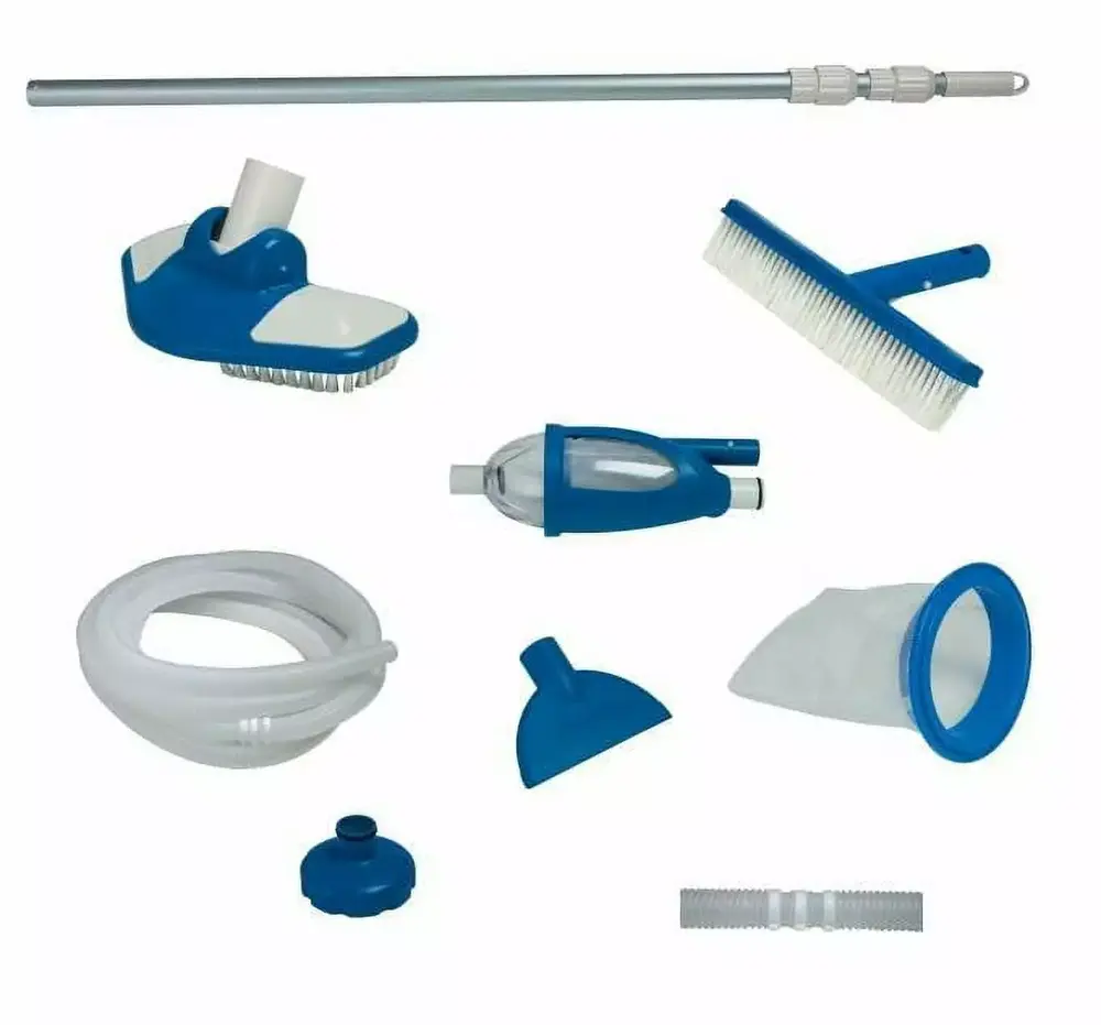 Intex: Deluxe Pool Cleaning Maintenance Kit - (28003E). Vacuum Sucks Debris. Mesh Skimmer Net. 110 Telescoping Aluminum Shaft. Included Wall Brush Attachment. Pool Accessory
