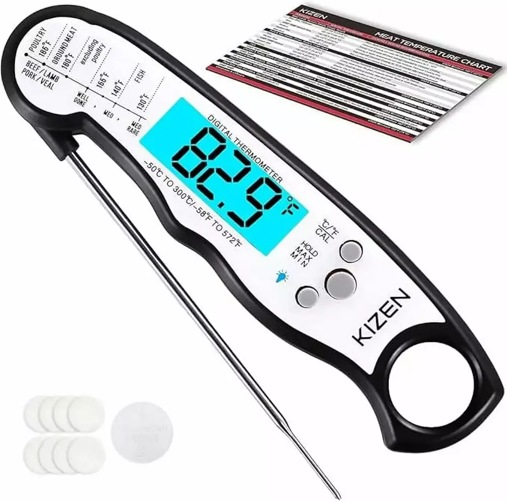 KIZEN Digital Meat Thermometer with Probe - Instant Read Food Thermometer for Cooking. Grilling. BBQ. Baking. Liquids. Candy. Deep Frying. and More - Black/White