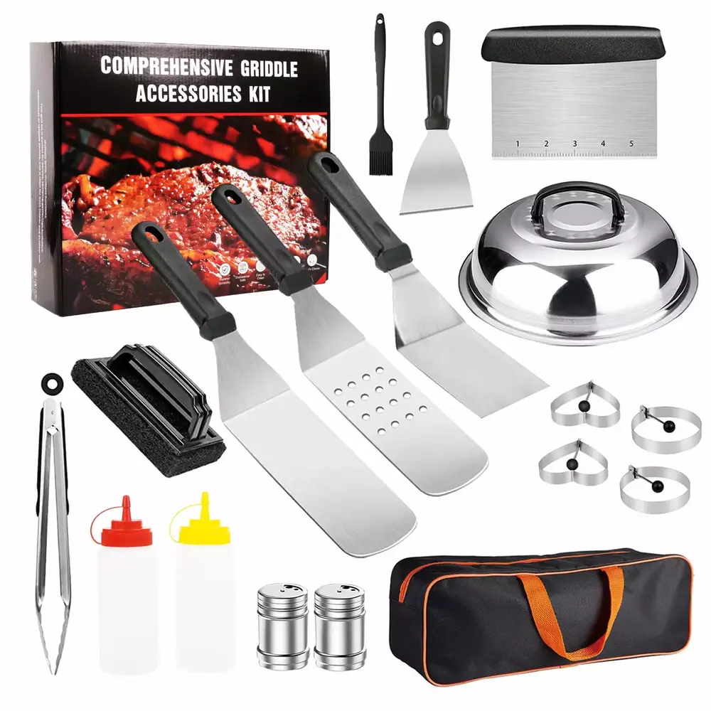 KORALAKIRI Griddle Accessories Kit.18Pcs Professional Griddle Grill Tools. Stainless BBQ Accessories Set with Spatula. Scraper. Basting Cover. Tongs. for Outdoor Barbecue