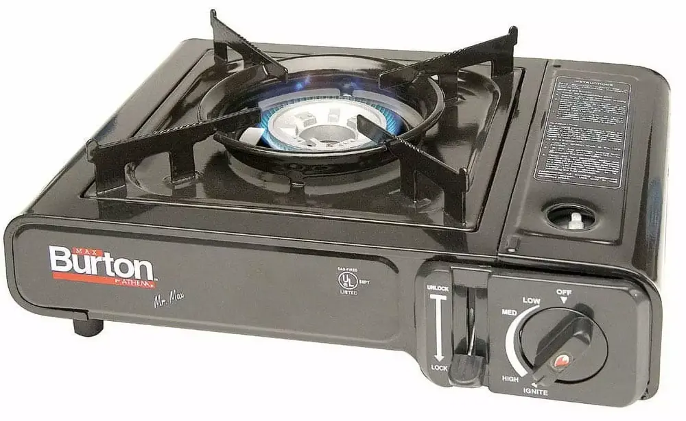 Max Burton 8253 Table Top Gas Burner. Black. 7650 BTU. Piezoelectric Ignition. Heavy Gauge Metal Body and Porcelain Enamel Coated Steel Drip Pan. Includes a Hard-Sided Plastic Carrying Case