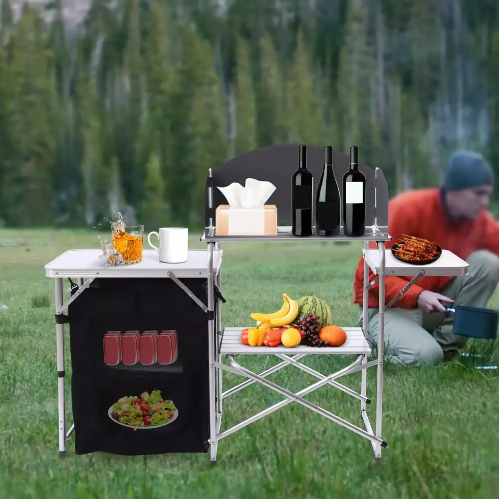 Miumaeov Folding Camping Kitchen Table with Storage Outdoor Cooking Table with Windscreen Kitchen Station with Side Table for BBQ Grill Picnics Black