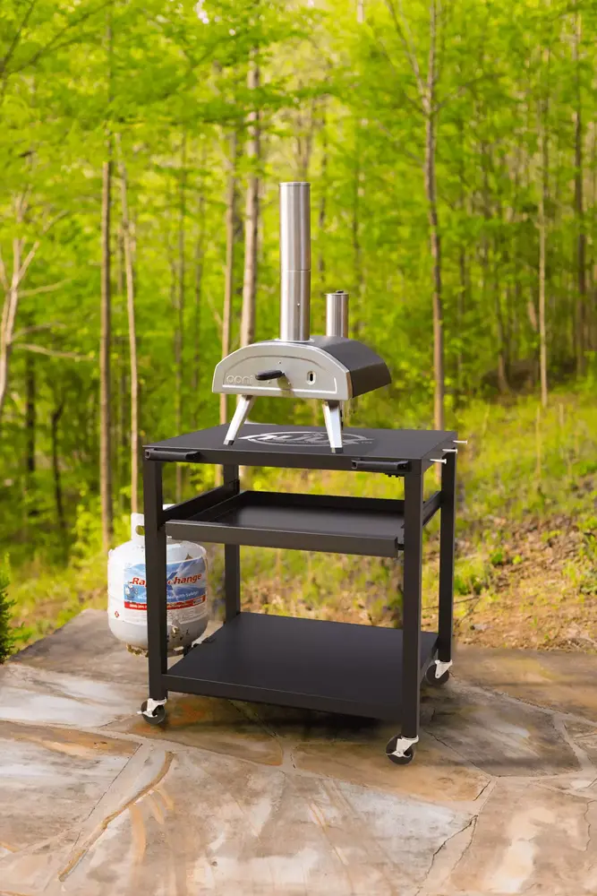 NUUK Three-Shelf Heavy Duty Rolling Outdoor Pizza Oven Table. 24 x 30 Steel Commercial Multifunctional Food Prep Worktable on Wheels