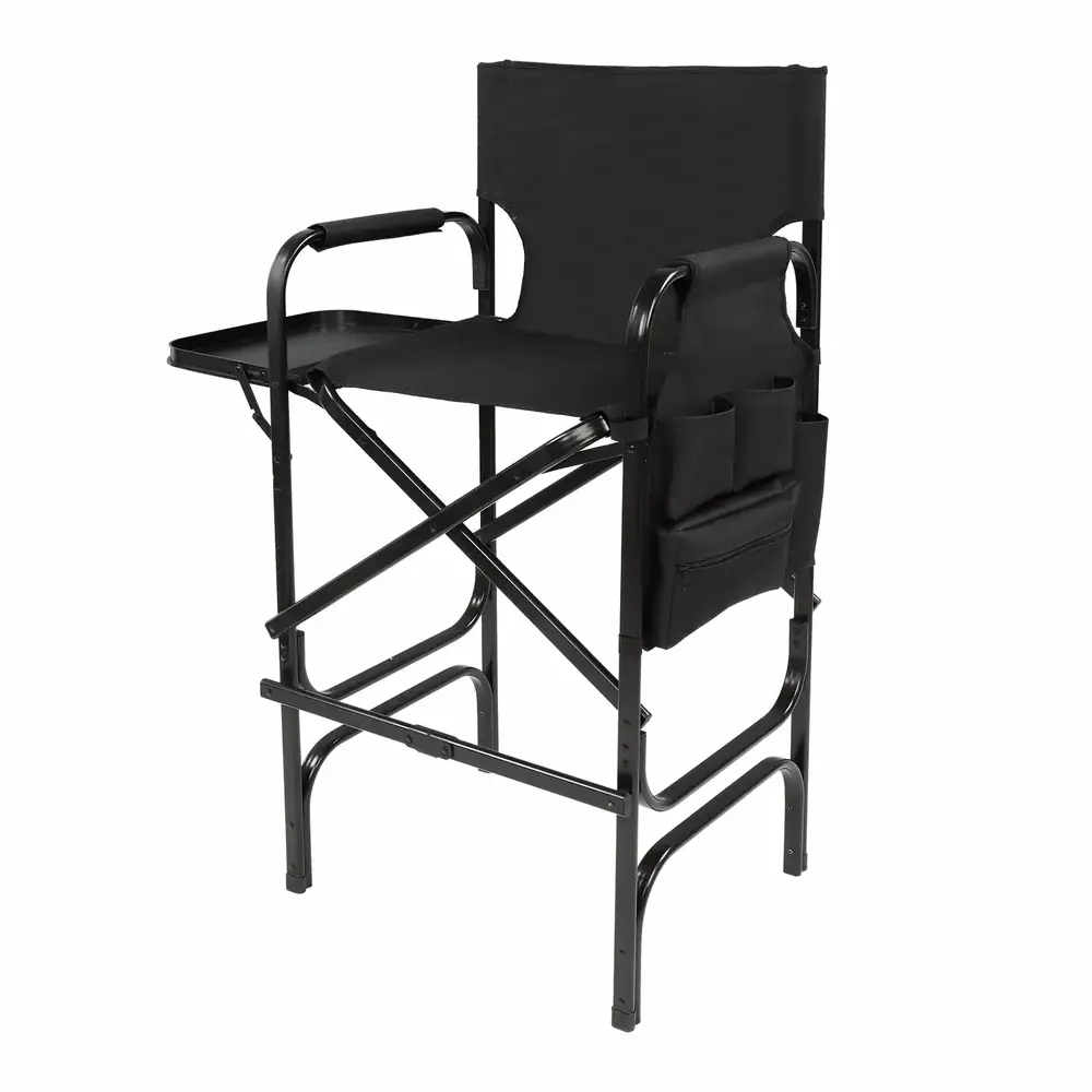 Omysalon 30 Tall Directors Chair Black Folding with Side Table Storage Bag.Portable Makeup Artist Bar Height. Aluminum Frame 300 lbs Capacity. 33.8 L x 19.2 W x 45.6 H