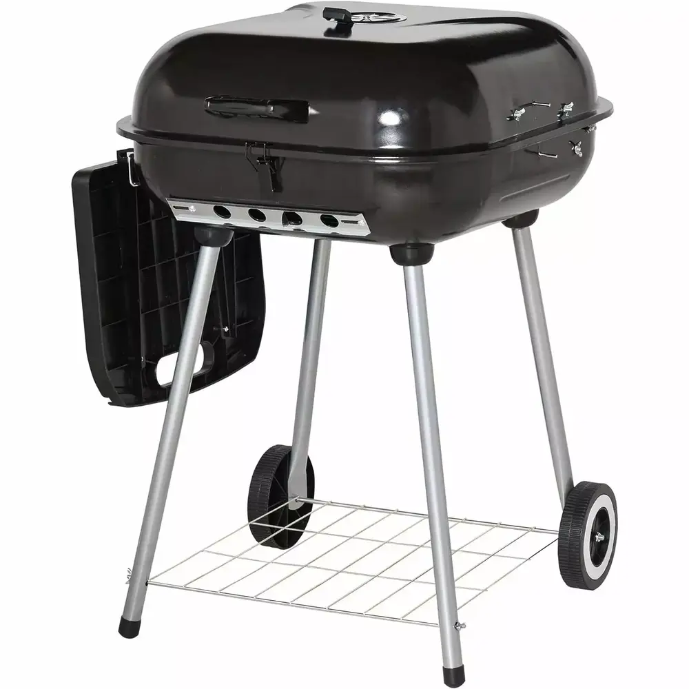 Outsunny 38'' Steel Charocal Grill with Travel-friendly Wheel. Side Tray and Lower Shelf for Outdoor BBQ for Garden. Backyard. Poolside