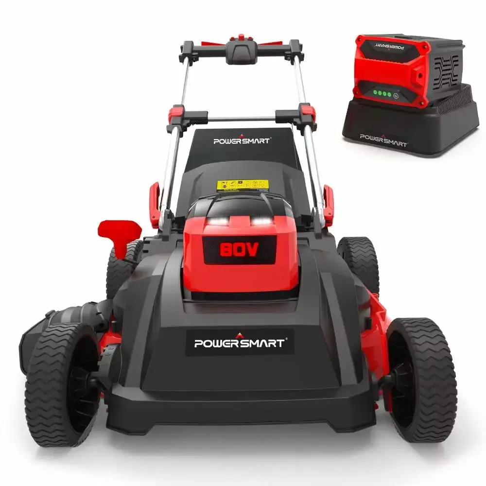 POWERSMART 26-Inch Self Propelled Lawn Mower with Double blades. 80 V 6.0 Ah Lithium-Lon Battery. 3-in-1 Cordless Mower. 5-Position Height Adjustment with 8-Inch Rear Wheels. PS76826SRB