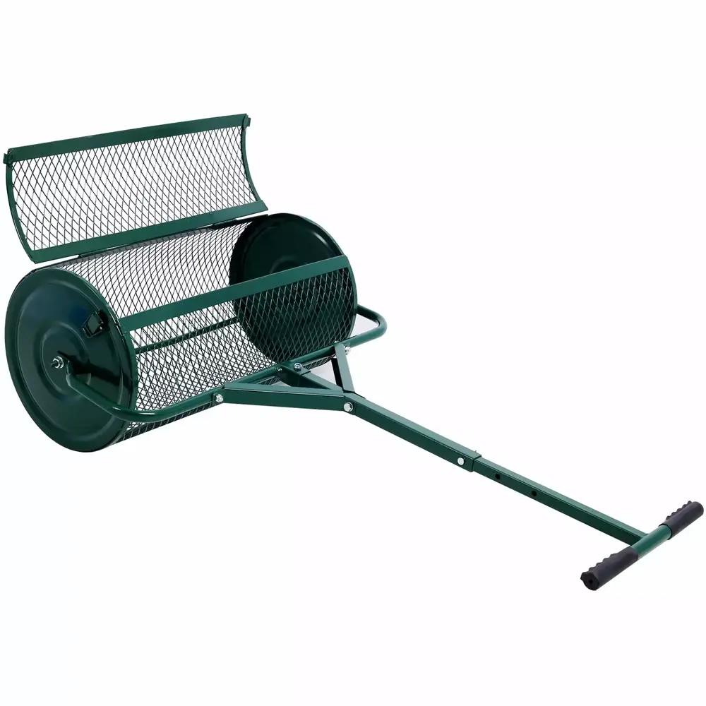 Peat Moss Spreader 24inch.Compost Spreader Metal Mesh.T shaped Handle for planting seeding.Lawn and Garden Care Manure Spreaders Roller