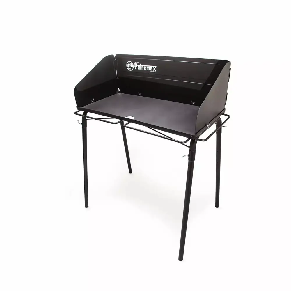 Petromax Outdoor Cooking Table for Dutch Ovens. Steel Camping Cookware Stand with Windbreak and Hooks. Holds Up to 220 Pounds. 17.7 x 35.4