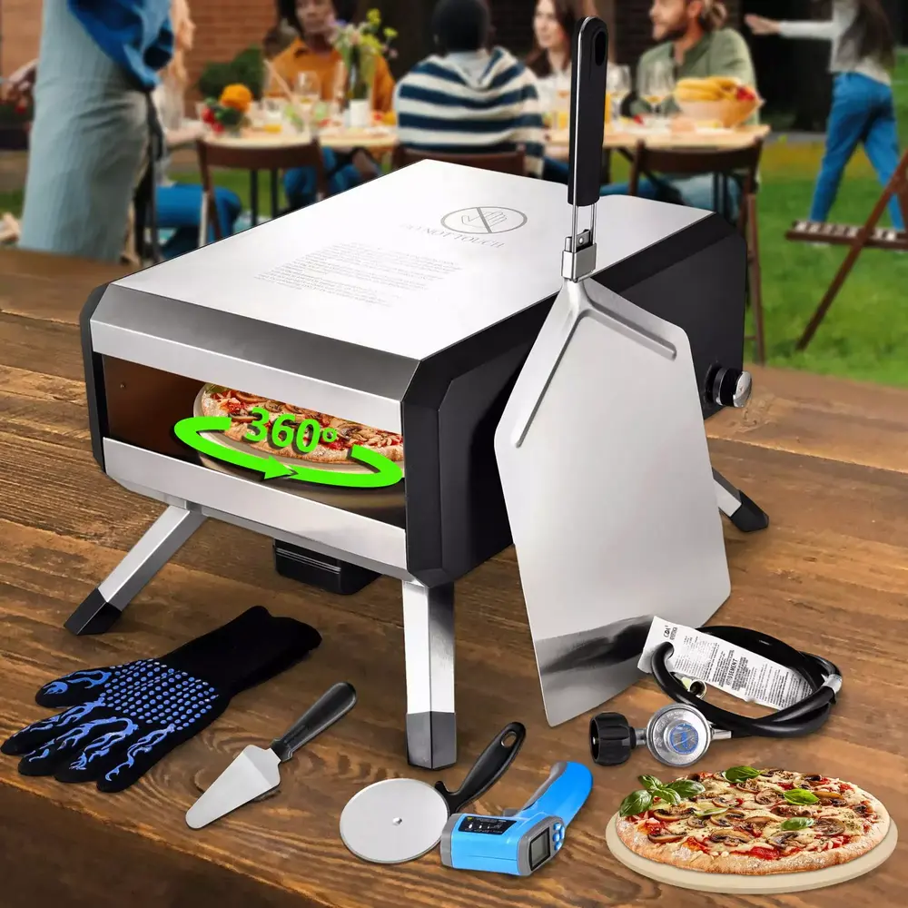 Travel-friendly Rotating Gas Pizza Oven for Outdoor. Stainless Steel Pizza Oven with 14 Pizza Stone. Gas Powered Pizza Oven with Foldable Legs