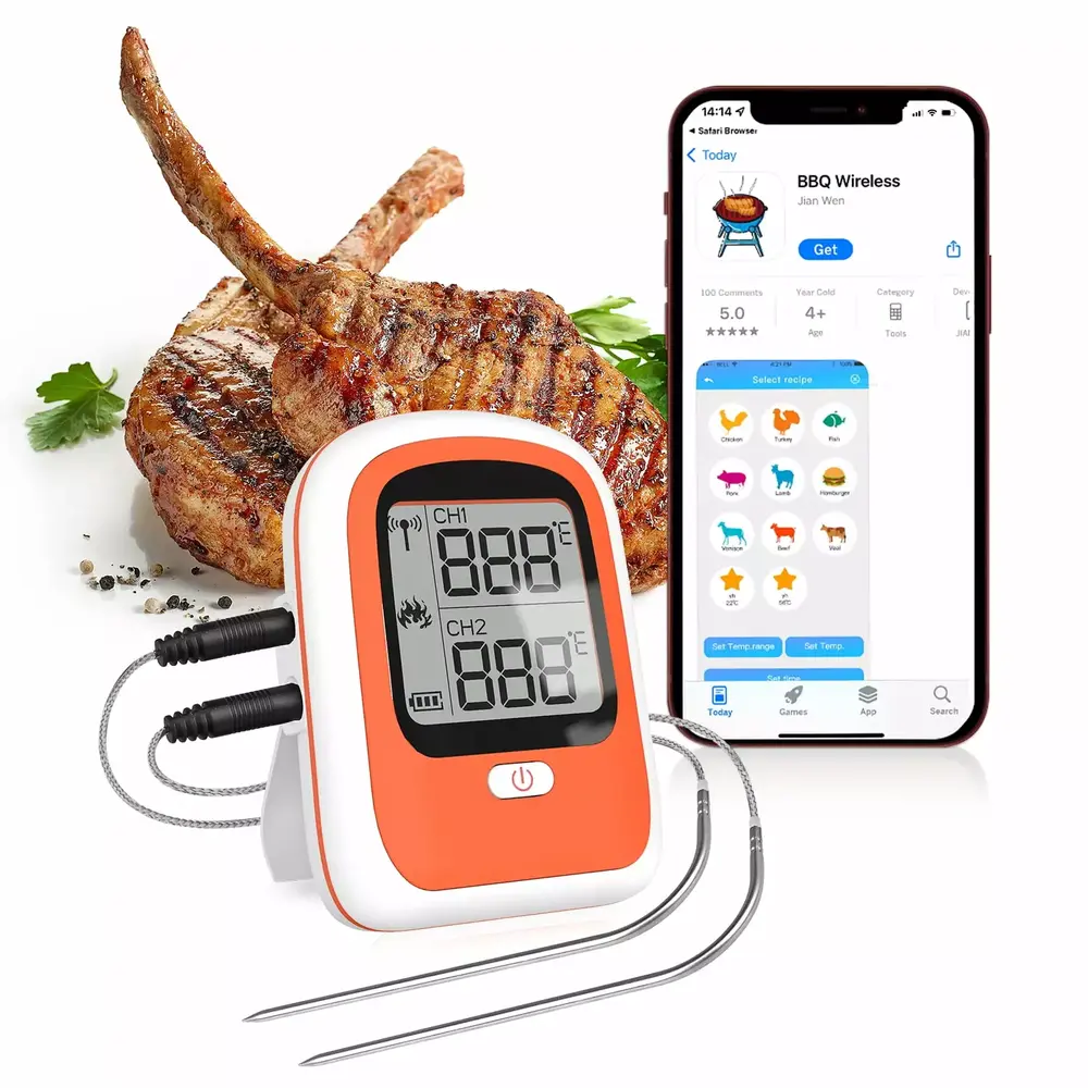 RUXAN Wireless Intelligent Meat Thermometer with 2 Probes.Timer.Alarm.Intelligent LCD Backlight.165 ft Bluetooth Grill Thermometer for Cooking.BBQ. Oven. Grill. Kitchen.Rotisserie