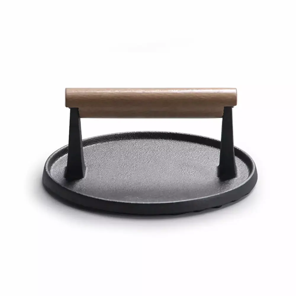 Round Stainless Steel Grill Press. Circular Striped Meat Pressing with Beech Handle Better Heat Insulation and More Accessible. Steak Meat Pressing Machine for Barbecue