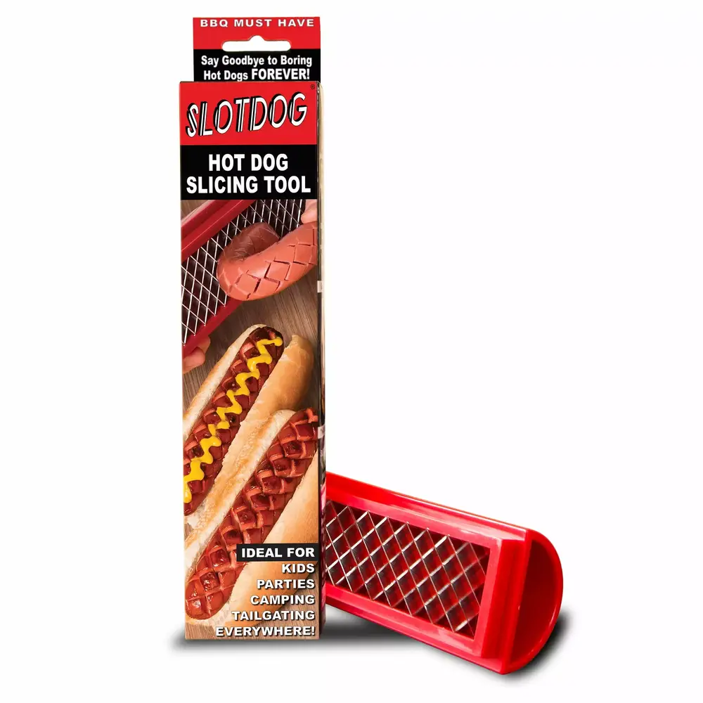 SLOTDOG - Hot Dog Slicing Tool - Stainless Steel Cutter Blades for Kitchen. Grilling. Tailgating. Camping and Backyard Outdoor BBQ - 10 inch - Red