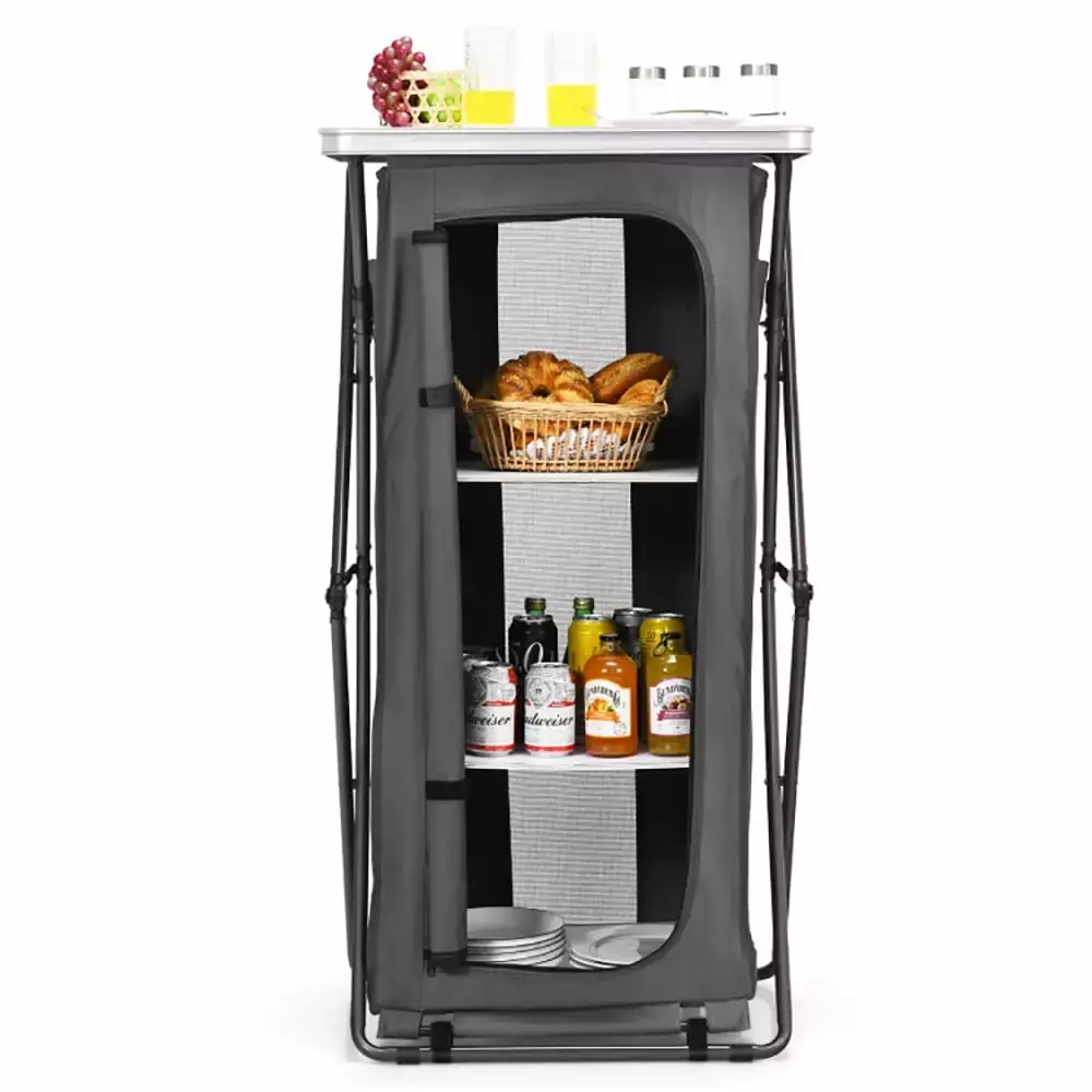 Spaco Folding Camping Storage Cabinet with 3 Shelves and Carry Bag-L. Outdoor Camping Pop Up Folding Table with Large 3-Tier Storage Organizer and Side Pockets. Easy Set