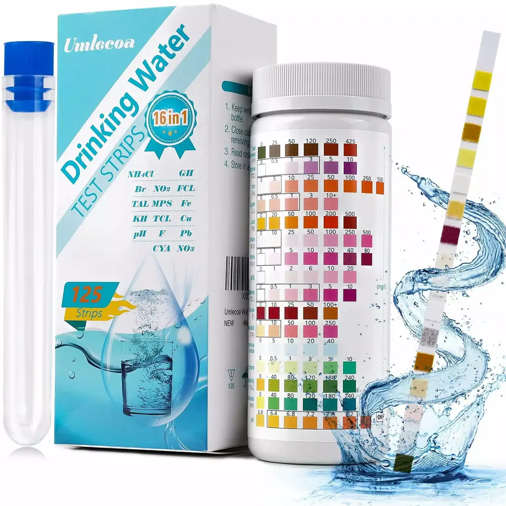 Tawatiler 16 in 1 Premium Drinking Water Test Kit. 125 Home Water Quality Test Strips for Well and Tap Test Kit. Testing for pH. Hardness. Chlorine. Lead. Iron. Copper. Nitrate. Nitrite. Pool