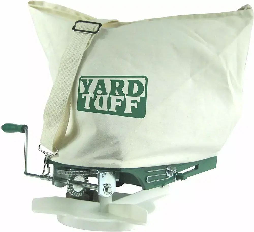 Tuff Outdoor Lawn Garden 25 Pounds Shoulder Seeder and Grass Seed Spreader with Canvas Bag and Shoulder Strap. Green/White
