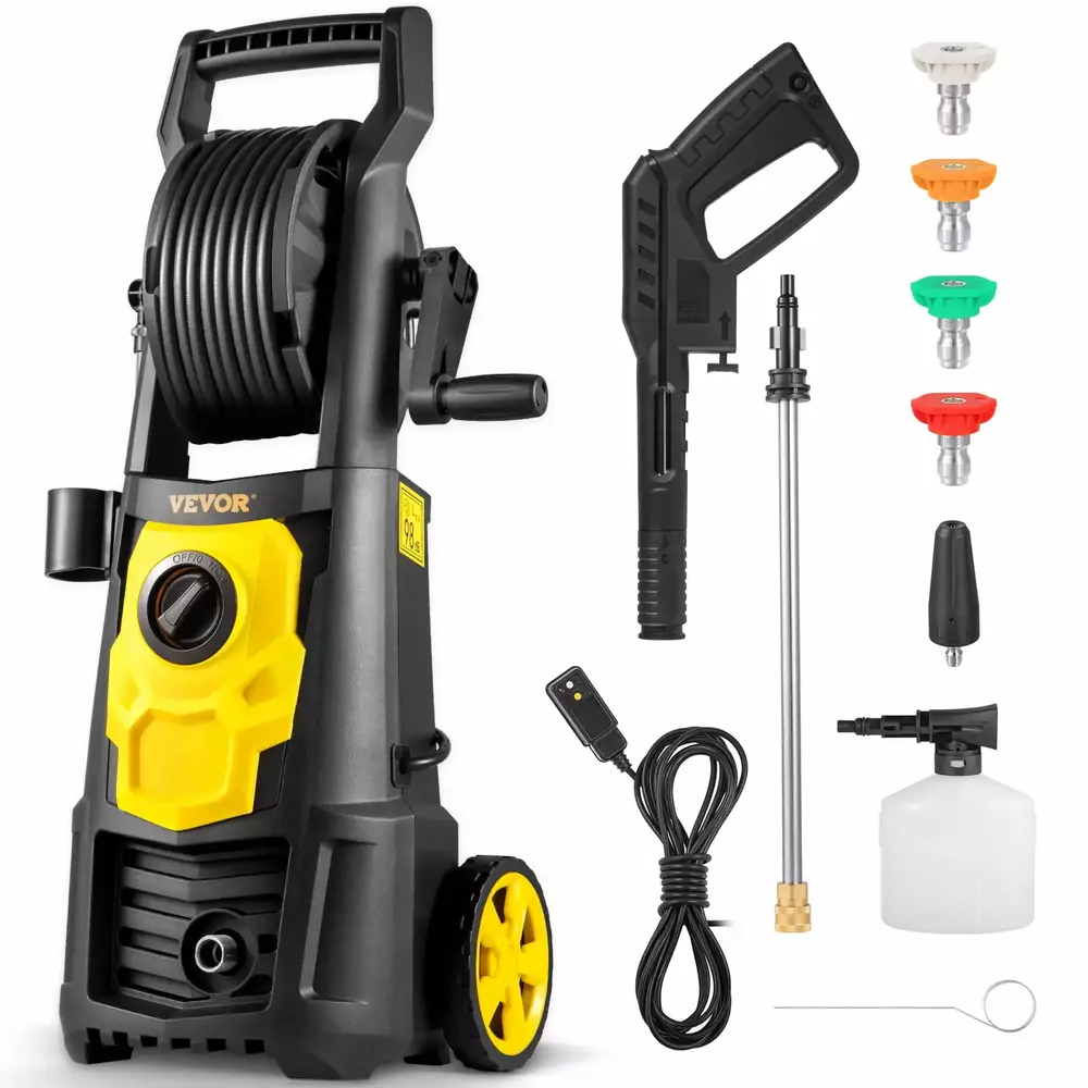 VEVOR Electric Pressure Washer. 2000 PSI 30 ft Hose & Reel. 5 Quick Connect Nozzles. Foam Cannon. Travel-friendly to Clean Patios. Cars. Fences. Driveways. ETL Listed