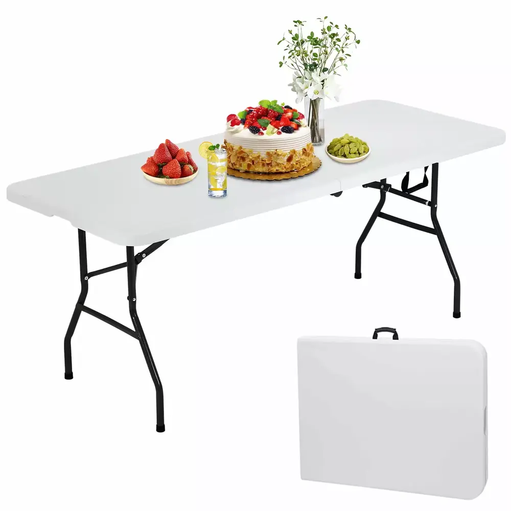 White Folding Table 6ft Portable Plastic.Camping Tables that Fold Up Lightweight Picknick with Handle and Steel Legs Fold Up Tables Lock for Outdoors Camping. Picnic and Party