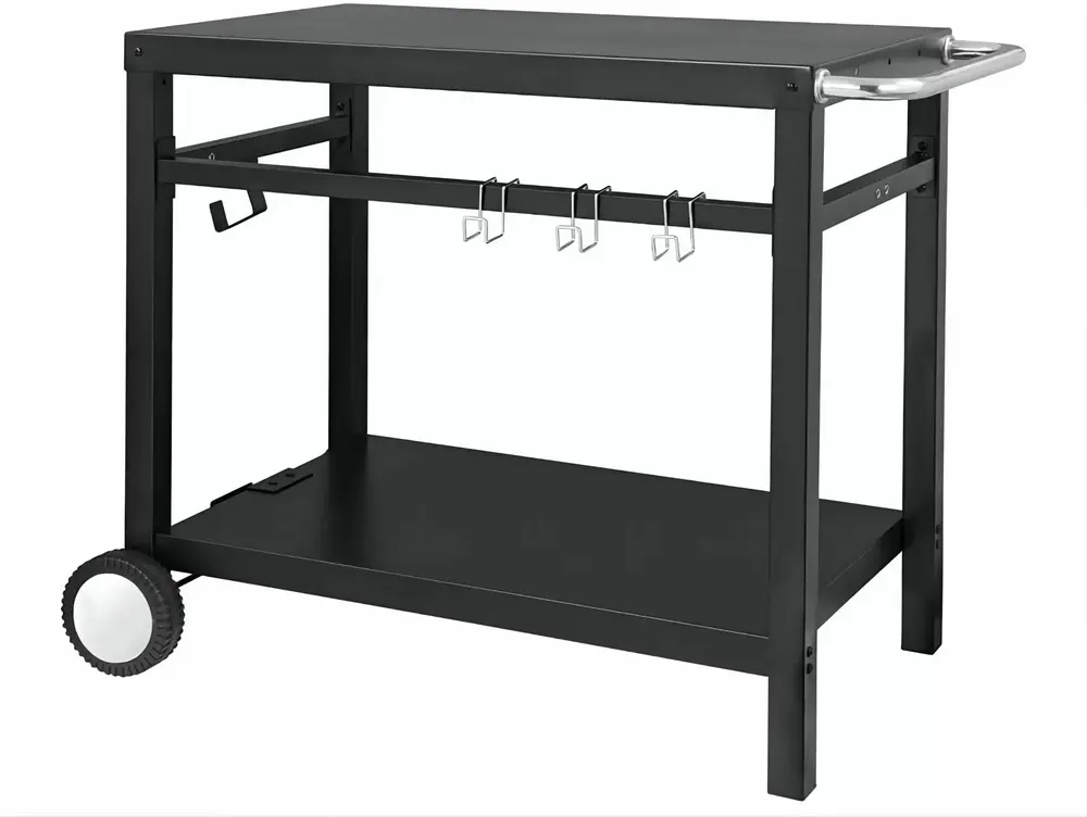 WhizMax Black Grill Cart Pizza Oven Stand. BBQ Prep Table with Wheels & Hooks Outdoor. Side Handle. Double-Shelf Grilling Cart Tabletop Griddle Cooking Station for Bar. Patio. Camping. Home