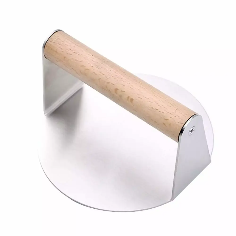 Whoamigo Stainless Steel Burger Press Heavy Duty Grill Press with Wooden Handle Round Bacon Presser Smasher for Professional Home Cooking