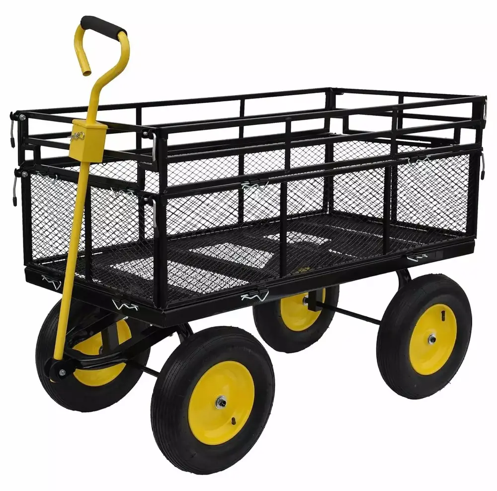 YUNTIE Large Steel Multifunctional Garden cart with Four Detachable Double Side Plates. Four-Wheeled Trailer can be Used in Farms. Warehoutilizes and Other Places.