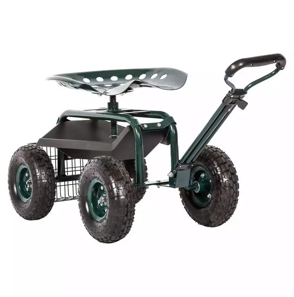 YUNTIE Rolling Garden Cart Scooter Stool - Garden Cart with Wheels & Seat Rolling Stool Gardening Cart. Adjustable Handle 360 Degree Swivel (Green)
