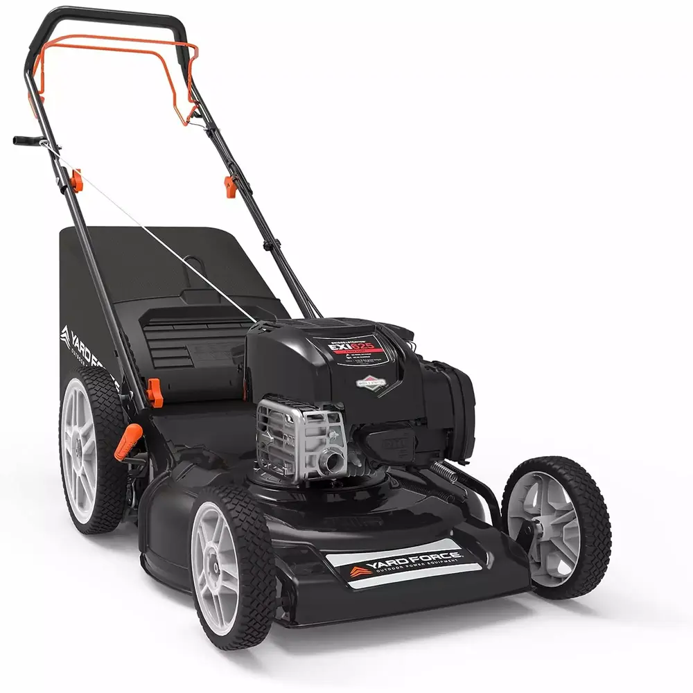 Yard Force Self Propelled Lawn Mower Briggs & Stratton 150cc Gas Engine 22-inch Steel Deck 3-in-1 Mulch. Bag. Side Discharge. 12-inch High Rear Wheels