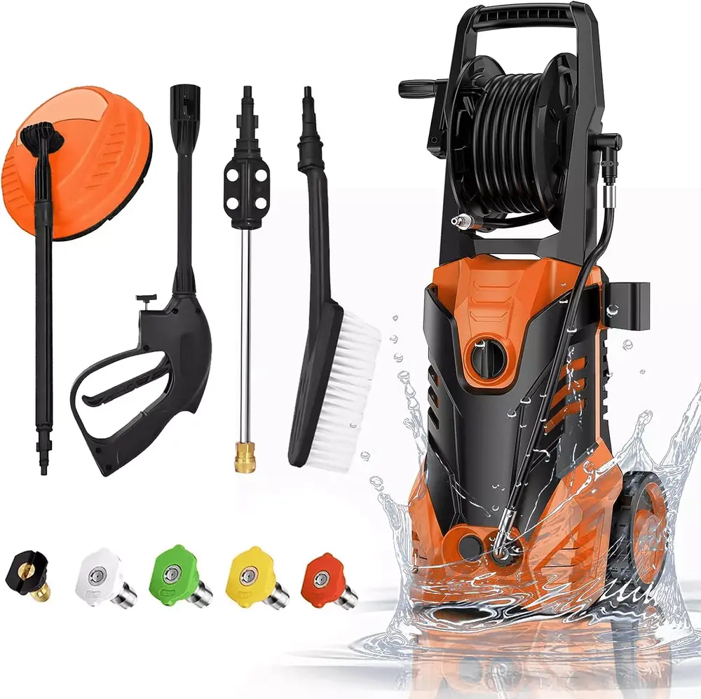 YouYeap Electric Pressure Washer. 3000 Max PSI. 2.0 GPM Power Washer with Hose Reel. 5 Quick Connect Nozzles. Soap Tank. IPX5 Car Wash Machine/Car/Driveway/Patio Clean. Orange