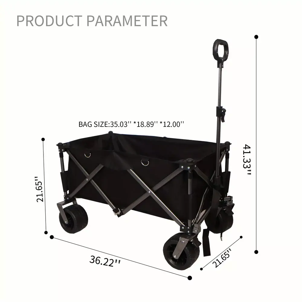 Zateety Black Folding Wagon. Heavy Duty Utility Beach Wagon Cart for Sand with Big Wheels. Adjustable Handle&Drink Holders for Shopping. Garden and Outdoor