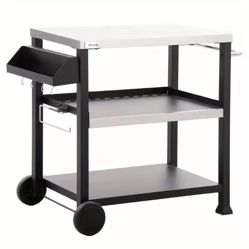 Zateety Three-Shelf Outdoor Grill Cart with Stainless Steel Tabletop. Side Handle. 32 X 20.5 Multifunctional Pizza Oven Stand. Movable Food Prep Table on Wheels. Black