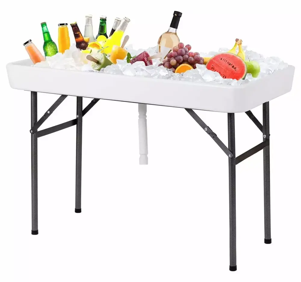 ZiaZbYinY Folding Ice Cooler Table with Matching Skirt & Drain Hose. Foldable Beverage Cooler Table Buffet Cooler Server. Portable Chill Table for Party. Picnic. BBQ. Camping