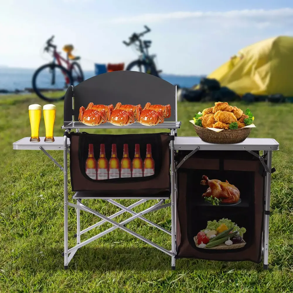 Folding Cooking Table. Outdoor Portable Grill Table. Camping Kitchen Station with Storage Organizer. Windscreen. 2 Side Tables for BBQ Grill Picnics Party - Image 2