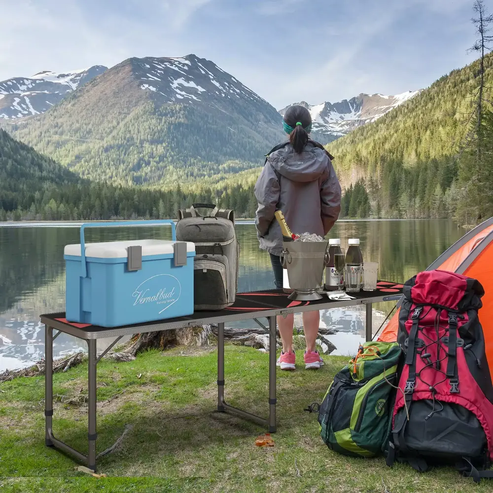 8ft Portable Beer Pong Table with Adjustable Legs. Folding Camping Table. Aluminum Picnic Table. for Party. Travel. BBQ. Beach. Black and Red - Image 2