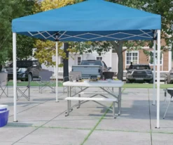 BizChair 10'x10' Blue Pop Up Event Canopy Tent Carry Bag and Folding Bench Set