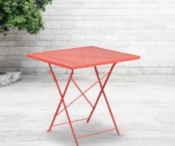 BizChair Commercial Grade 28 Square Coral Steel Folding Patio Table Indoor Outdoor