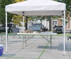 BizChair 8'x8' White Pop Up Event Canopy Tent Carry Bag and 6-Foot Folding Table Tailgate Set